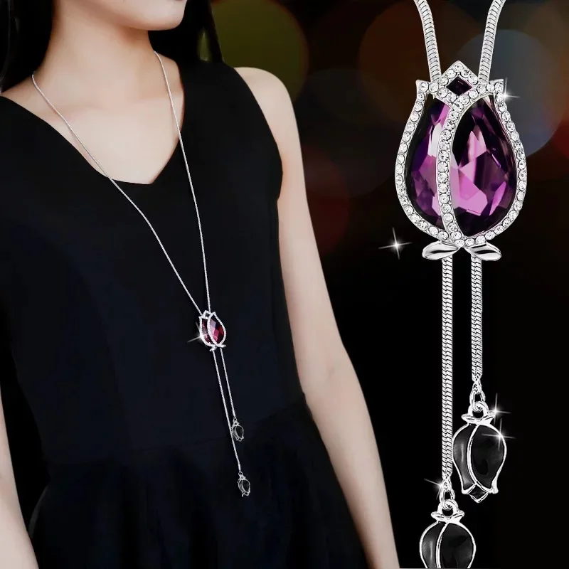 BYSPT-Unique-Artificial-Delicated-Crystal-Tulip-Pendant-Sweater-Necklace-Silver-Color-Chain-Tassel-Necklace-for-Women