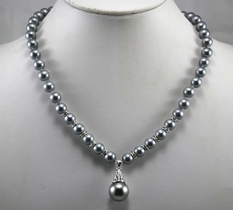 

simple design 8mm black shell pearl necklace + 12mm shell pearl pendant 004 ##a #a