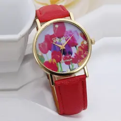 Привлекательный красный Для женщин часы reloj mujer модные цветочные циферблат кожаный ремешок аналоговые кварцевые наручные часы Для женщин