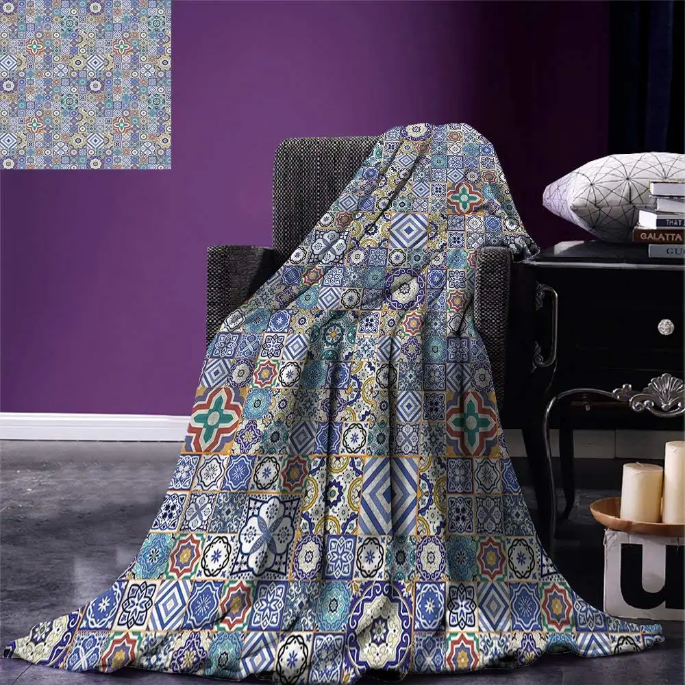 

Moroccan Throw Blanket Grid Style Squares Ornamental Geometric Elements Oriental Culture Illustration Fleece Blanket for Bed