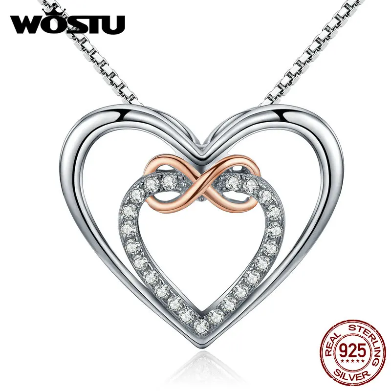WOSTU Brand Authentic 925 Sterling Silver Delicate Heart into Heart Pendant Necklaces for Women Fine Jewelry Gift CQN121 WOSTU Brand Authentic 925 Sterling Silver Delicate Heart into Heart Pendant Necklaces for Women Fine Jewelry Gift CQN121
