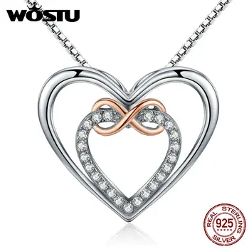 WOSTU Brand Authentic 925 Sterling Silver Delicate Heart into Heart Pendant Necklaces for Women Fine Jewelry Gift CQN121