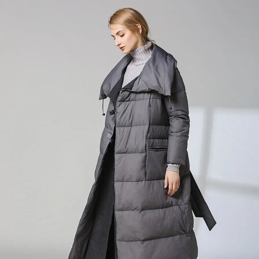 Пуховик женский длинный секционный выше колена осень и зима Повседневный большой размер женское кружевное пальто с отворотом для женщин