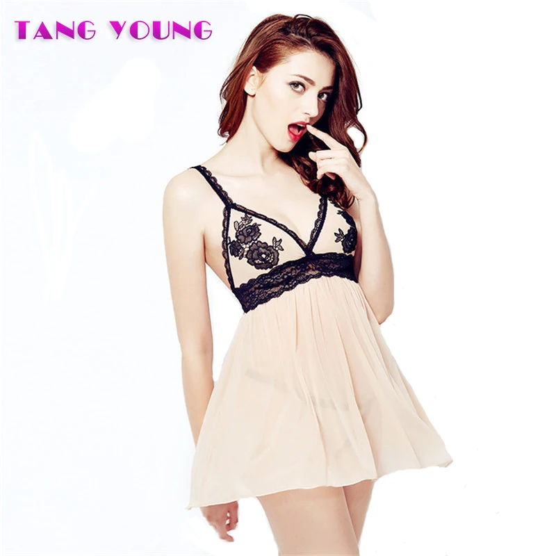 Summer sleep tops women lace sexy transparent Lingerie pajamas Embroidery for women fashion Sling Sleep Skirt TANG YOUNG HA0338