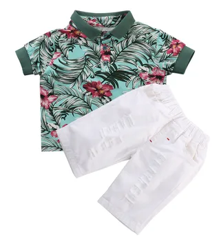 

Summer Hot Sale Children Kids Boy Clothes Flower Polo shirt Tops Hole Destroyed Shorts White Cotton Outfits Set 2pcs Suit 1-6T