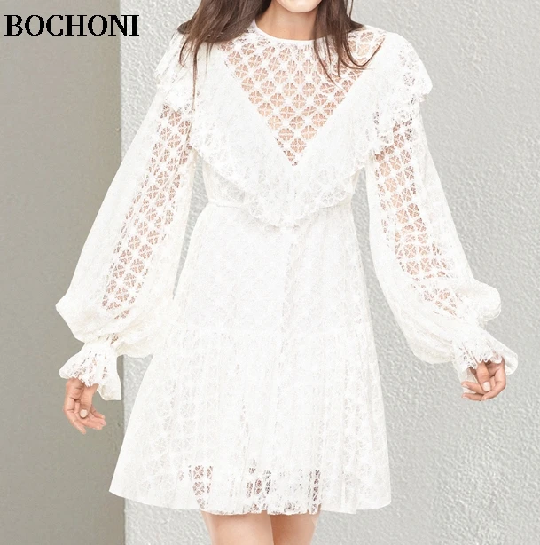 BOCHONI 2018 новый листьев лотоса Фонари рукавом Талия Тонкий дамы кружевное платье с