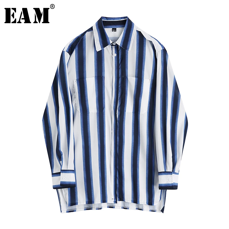 

[EAM] 2019 New Autumn Winter Lapel Long Sleeve Blue Striped Printed Loose Big Size Temperament Shirt Women Blouse Fashion JU957