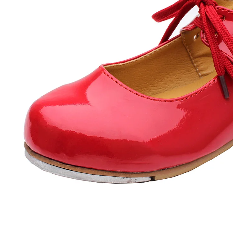 Детская танцевальная обувь для девочек; блестящая лакированная обувь из искусственной кожи; детская обувь на шнуровке; Цвет черный, красный; обувь для сцены; Размеры 26-40