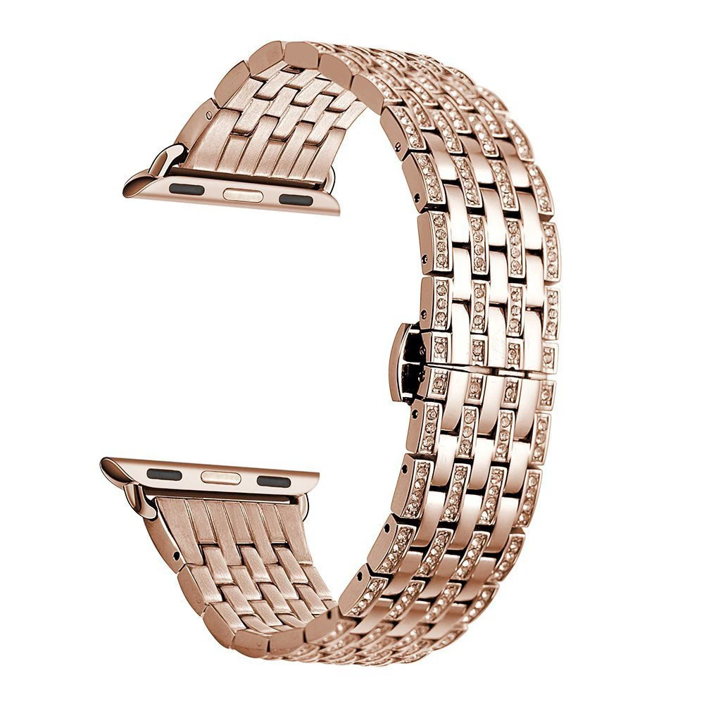 Роскошный металлический чехол со стразами для Apple Watch Series 5 4 3 2 ремешок из нержавеющей стали для iWatch браслет 38 42 мм 40 44 мм - Цвет ремешка: rose-gold