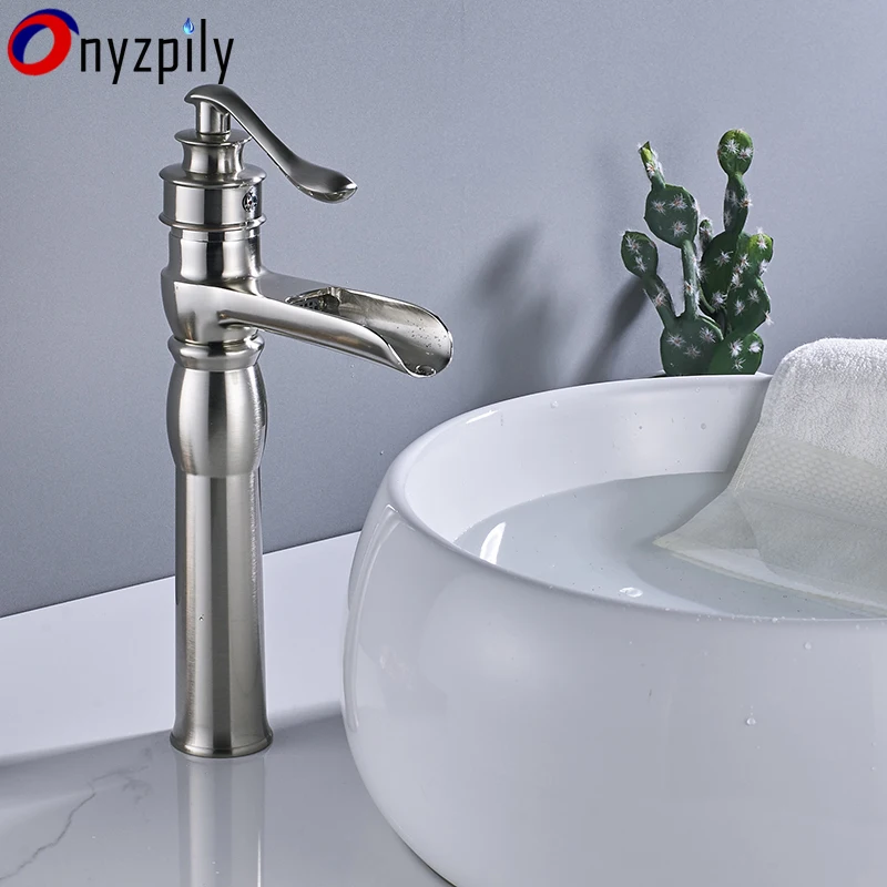 

WaterfalBrushed Nickel l Bathroom Basin Faucet Single Handle Faucets Hot and Cold Water Mixer Faucet