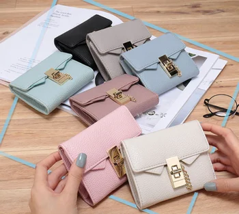 

by dhl or ems 100pcs Fashion litchi stria Pu leather women wallet solid short women purse 2017 wallet small chain lock wallet