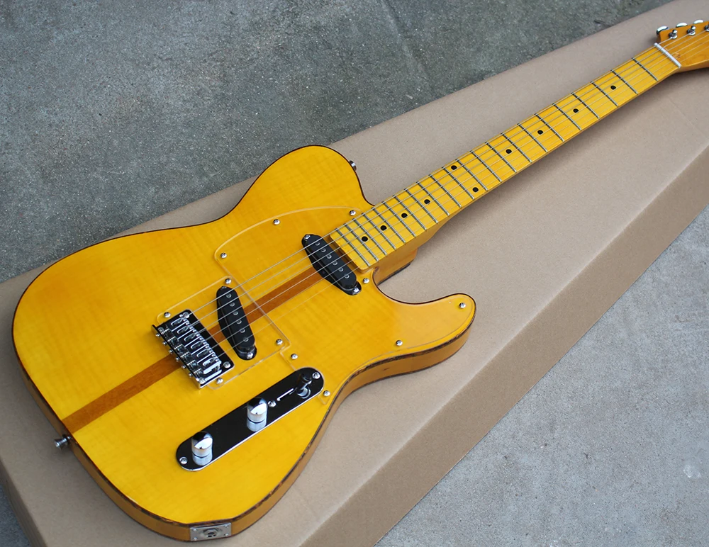 

Factory Custom Electric Guitar with Transparent Pickguard,Flame Maple Veneer,Brown Binding,offering customized services