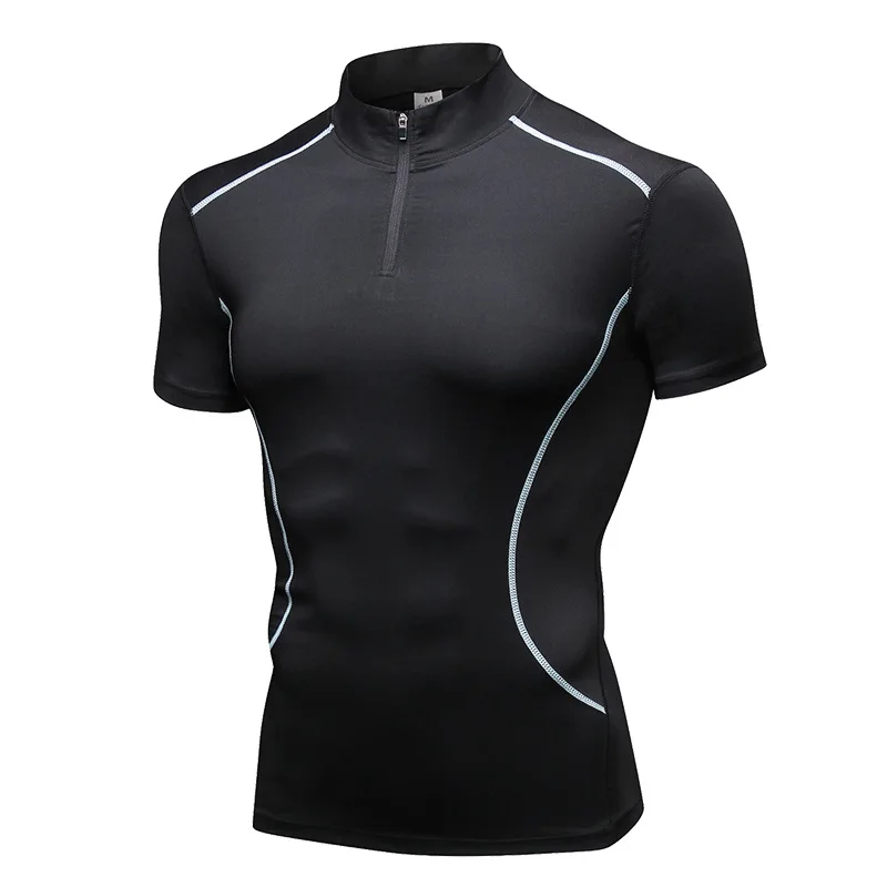

In Wind Rain Men's Stand Collar fitness short sleeve Stretch T-shirt quick-drying tight-fitting short-sleeved Cotton T-Shirts