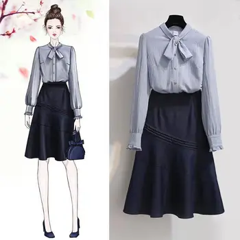 

2019 New Summer Women Bow Tie Ruffles Sleeve Sequined Plaid T Shirt+A Line Draped Solid Skirt Suit Female Party Elegant Set Z235