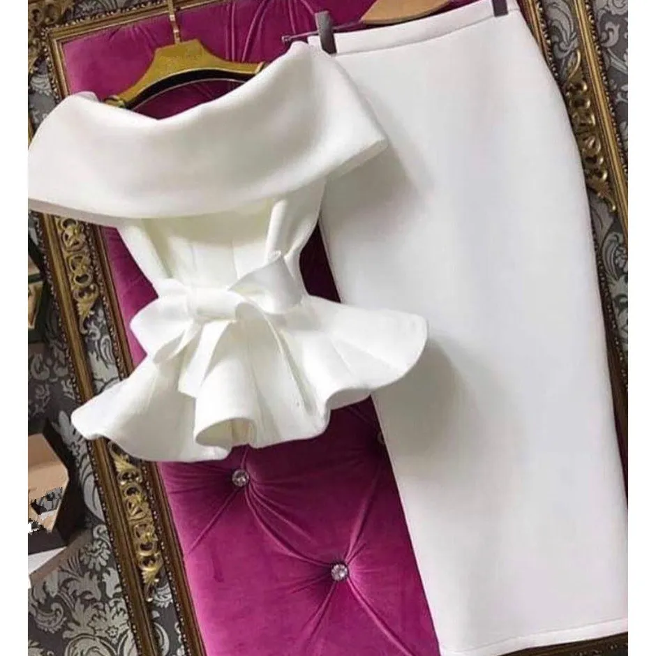 

2019 New Women Short Sleeve Ruffle Bow Two Piece Set Solid Lace Up Off Shoulder Tops and Bodycon Skirt Sexy Suits
