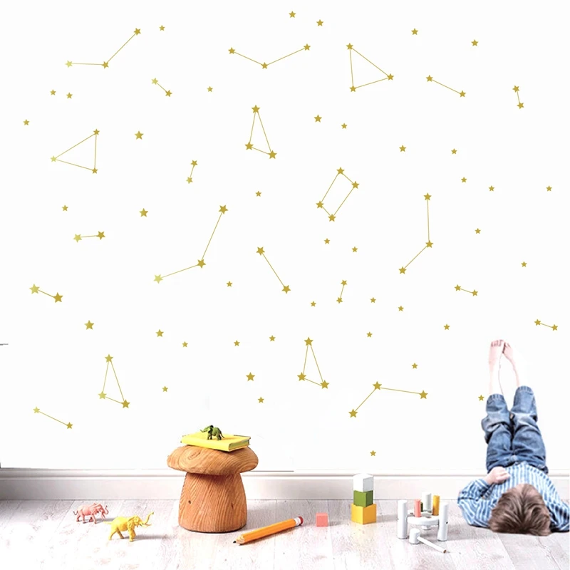 Constellation Zodiac Wall Art Decals Kids Room Decor , Space Astronomy Gold Star Vinyl Wallpaper Wall Sticker Nursery Art Decor