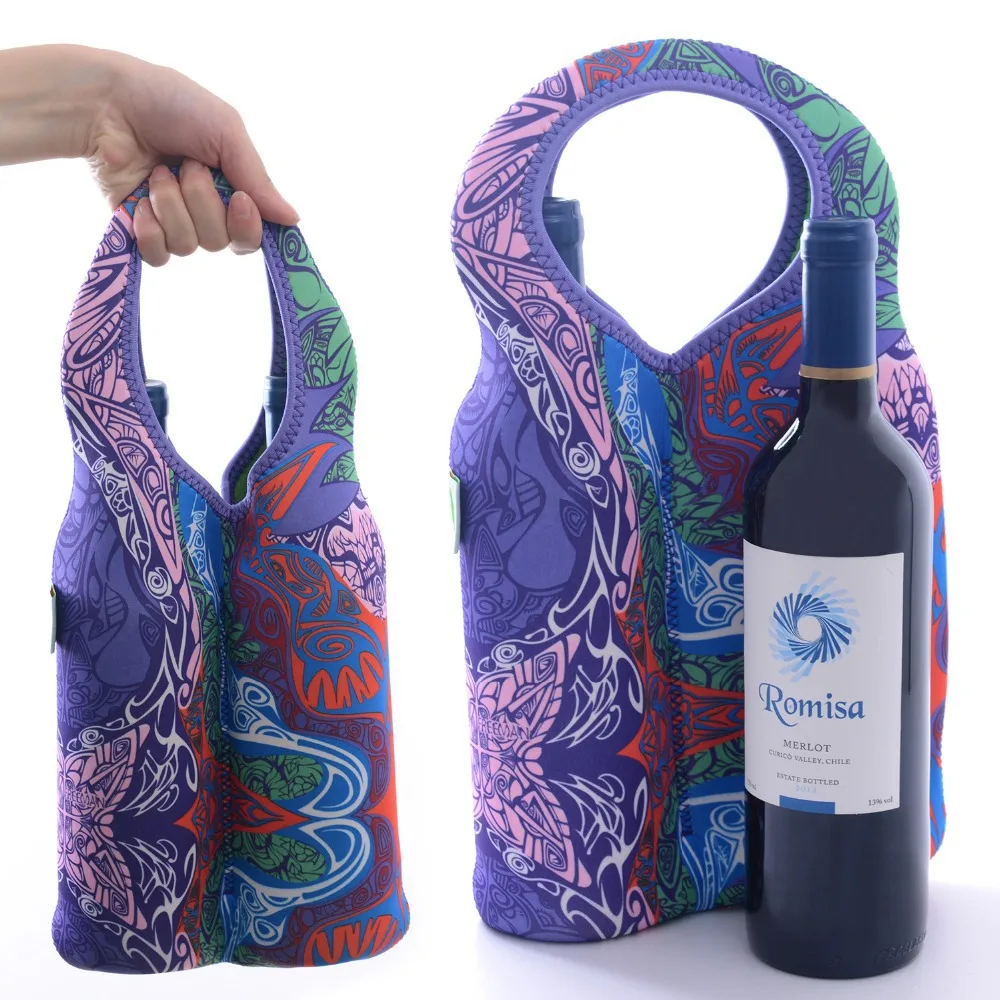 Neoprene Champagne Wine Bag Double Pockets Purple Carved Flower Pattern