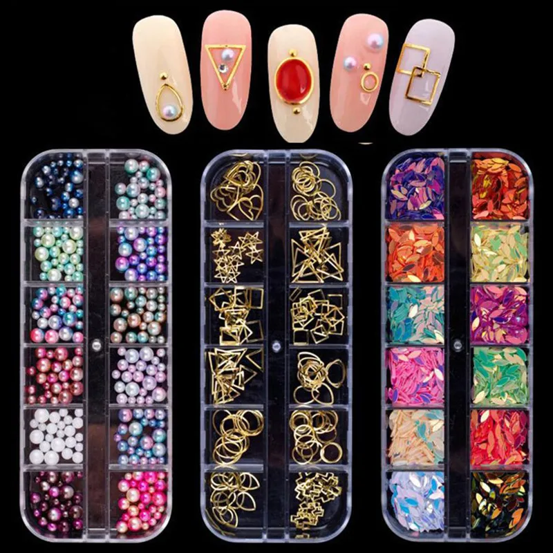 

1 Box DIY Nail Fingernail Glitter Hollow Alloy Colored Pearl Horse Eyes Sequins 3D Nail Art Rhinestone Manicure Decoration Tips