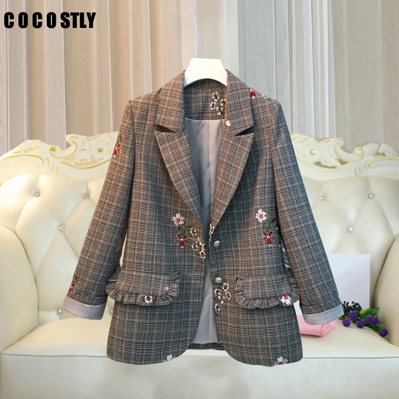

fashion blazer women professional temperament simple plaid blazers vintage embroidery work style suit jacket plus size 5XL