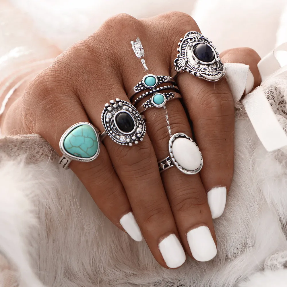 

5pcs/Set Women Bohemian Vintage Silver Stack Rings Above Knuckle Blue Rings Set
