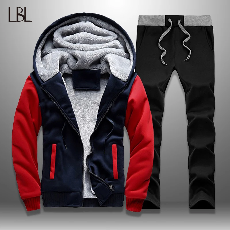 Ceny LBL Casual męskie dresy zima Patchwork zestaw dla mężczyzn grube kurtki z polaru + spodnie 2 sztuk zestawy ciepła bluza z kapturem SuitsMen odzież sportowa dla