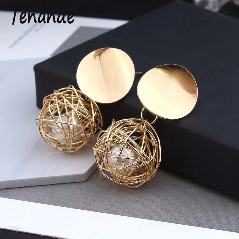 

Tenande New Punk Gold Color Hollow Ball Drop Earrings Simulated Pearl Dangle Earrings for Women Hot Sale Valentine's Day Gifts