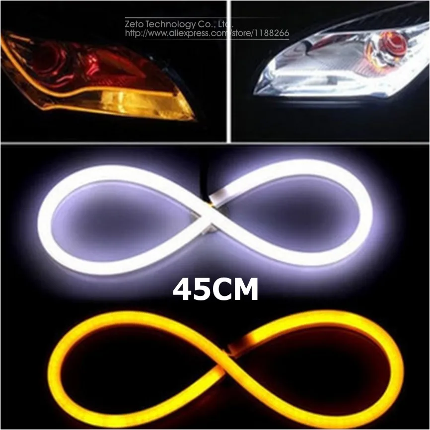 2x 45cm DIY White+Amber Flexible Strip Turn Signal Tube Angel Eye DRL LED Daytime Running Head Headlight Light For Audi