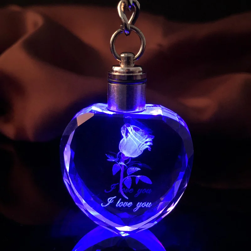 Heart Shape Romantic Rose Key Chain Crystal lovers Flower Key Ring Laser Engraved Colorful LED Light Couples Souvenir Gift