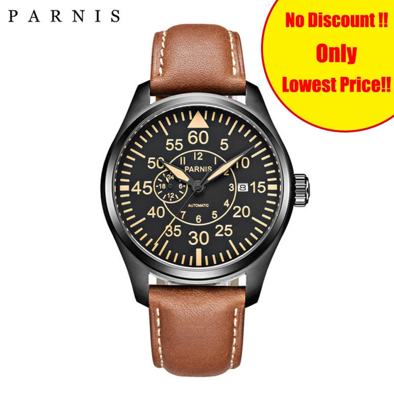 Parnis 44 мм механические мужские часы Miyota 21 Jewels pilot военные часы Автоматические Мужские часы сапфировые хрустальные наручные часы