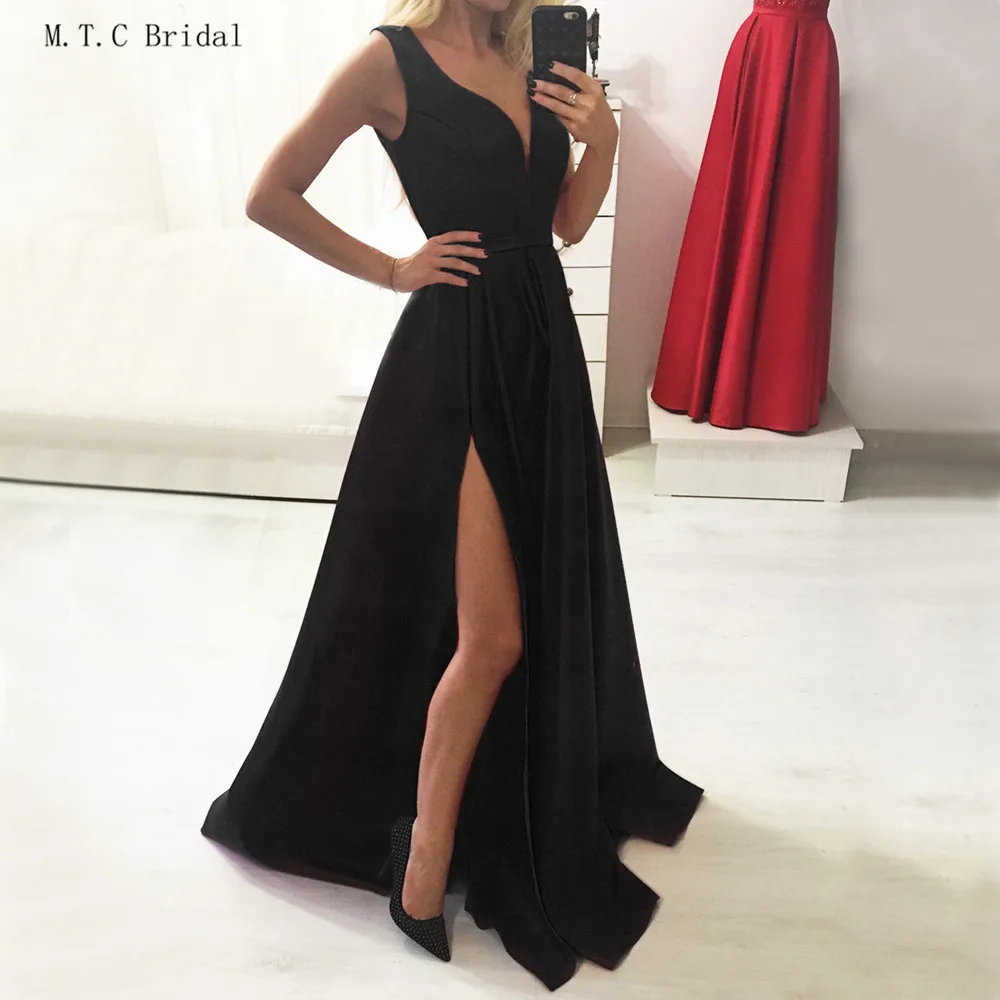 

New Arrival 2019 Black Long Evening Dress V Neck Side Split A Line Custom Made Wedding Party Dresses Cheap Women Prom Gowns