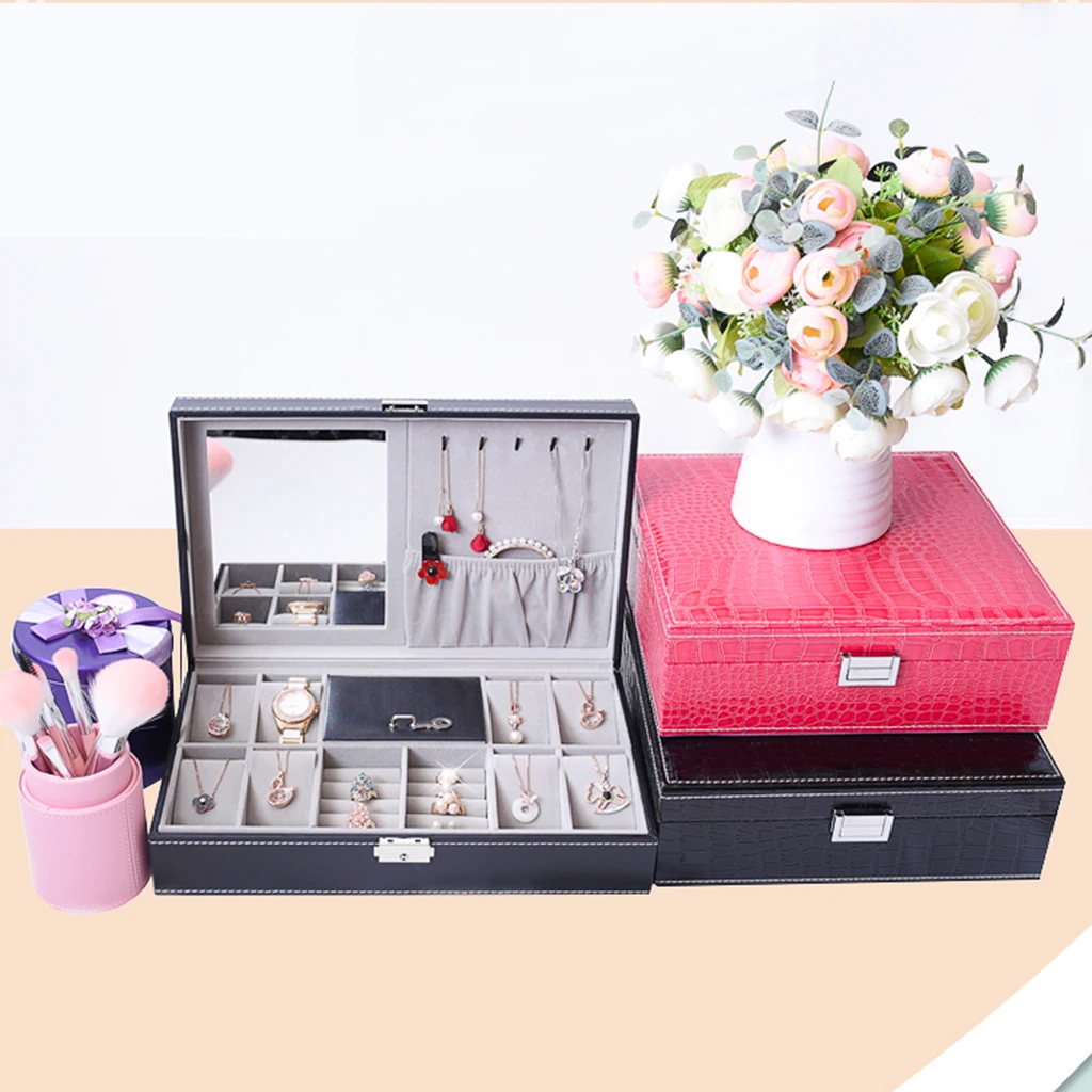 

Handmade PU Leather Jewelry Case Watch 3 Slot Wristwatch Display Earring Necklace Makeup Oraganizer Box