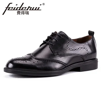 

New Summer Genuine Leather Men's Handmade Carved Flats Round Toe Man Formal Dress Wedding Party Medallion Brogue Shoes KUD283
