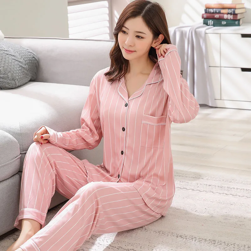 

2018 Autumn Casual Striped Home Clothing Girls Cotton Pajamas Sets Femme Long Sleeve Pyjama Loungewear Homewear Pijama for Women