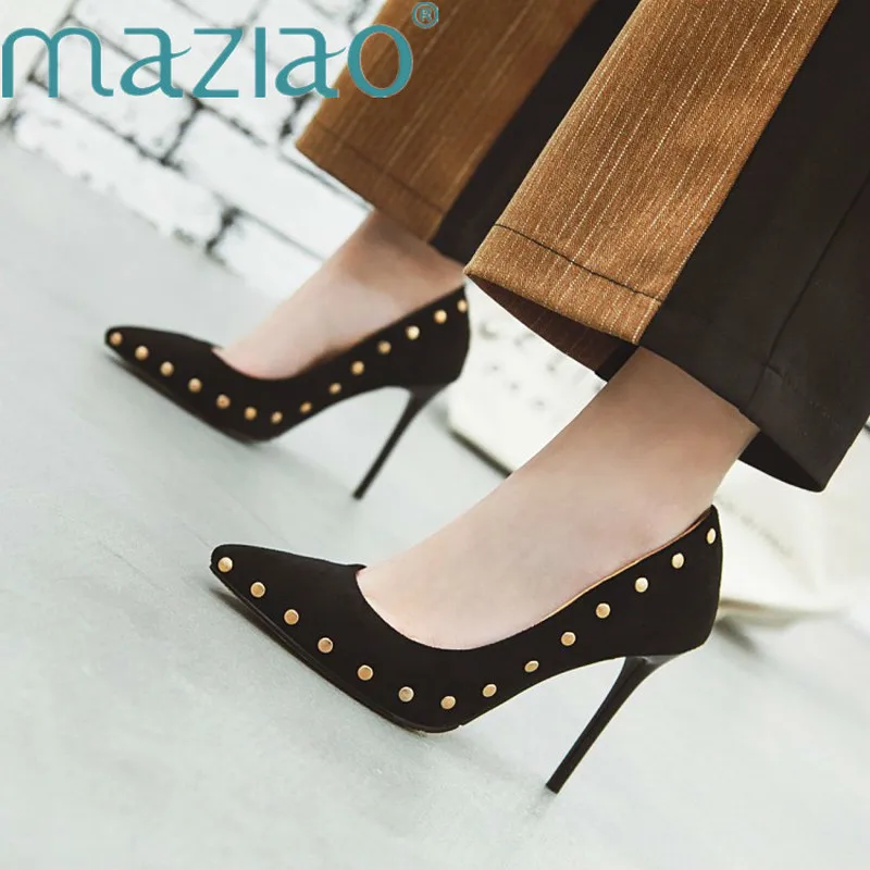 

Sexy Ladies Rivet Suede Shallow Mouth High-heeled Pumps Stiletto Heel 10.5cm Pointed Toe Women Shoes Ladies Party Dress MAZIAO