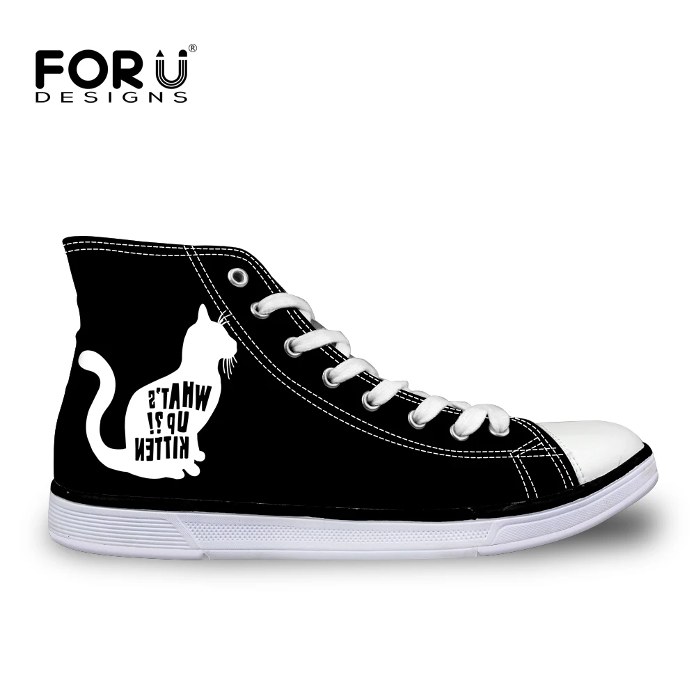 

FORUDESIGNS Black Women Autumn Canvas Shoes Cute 3D Cat Outline Printed Women's High Top Casual Vulcanize Shoes Flats Female