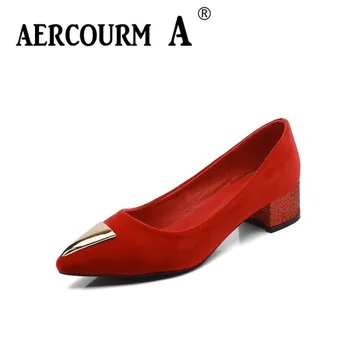 

Aercourm A Women Low Heels Flock Pumps Women Metal Button Shoes 2018 Lady Pointed Toe Casual Solid Shoes Square Heel Women Shoes