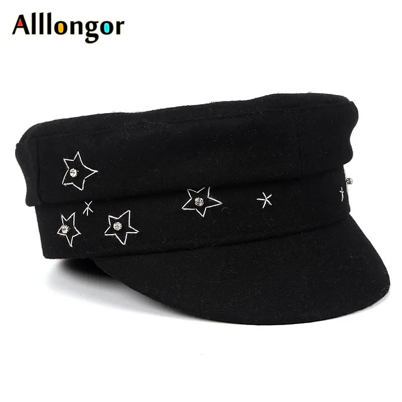 Высокое качество, новинка осень, зимний шерстяной берет, военные шапки, женская черная фетровая шляпа с плоским верхом, прозрачные черные женские шапки - Цвет: Черный