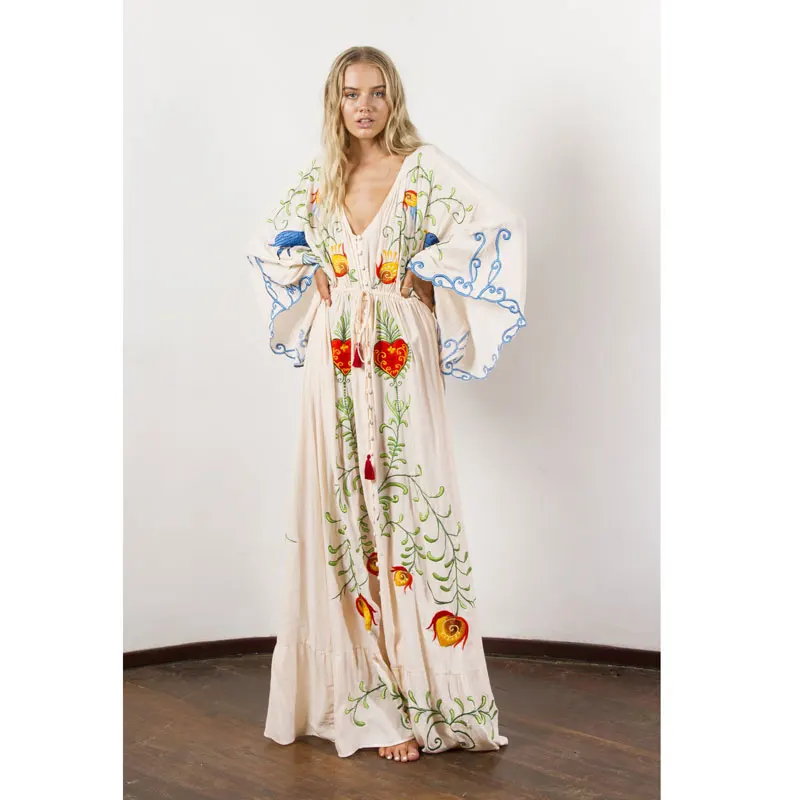

2018 Summer Bohemian embroidery hollow out Holiday Maxi Dress V-neck vintage boho chic long dress floral pattern elegant dress
