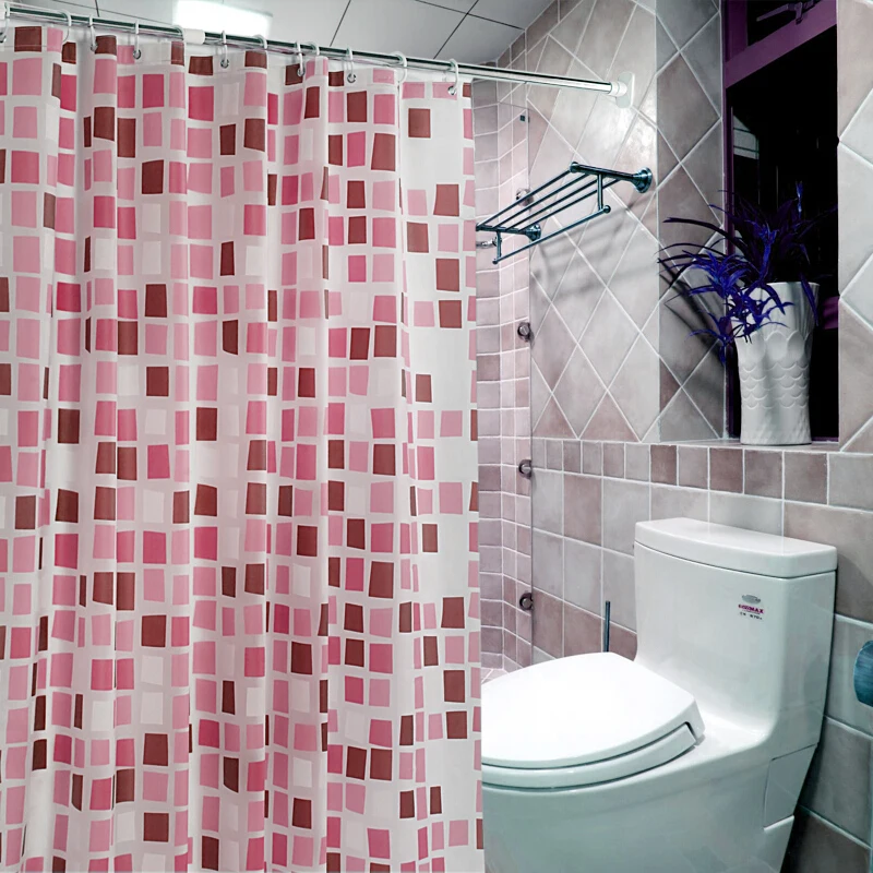 

PEVA waterproof shower curtain bath screens pink plaid thick fabric mildew proof curtains with plastic hooks for the bathroom