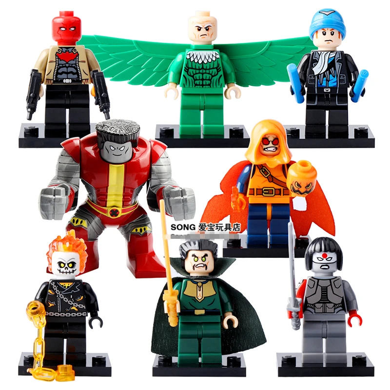 Koop 8 stks SUPER HEROES Hobgoblin Ghost Rider Rode Kap Captain Boomerang Katana Colossus Gier minifig Bouwstenen Kinderen Speelgoed