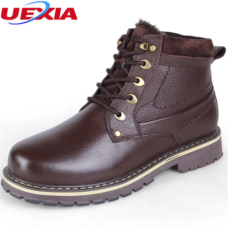 

Unisex Brand Russian Winter Plush Snow Boots Men Cow Leather Boots Lace-up With Fur Shoes Anti Slip Men Shoes Plus Size 37-50