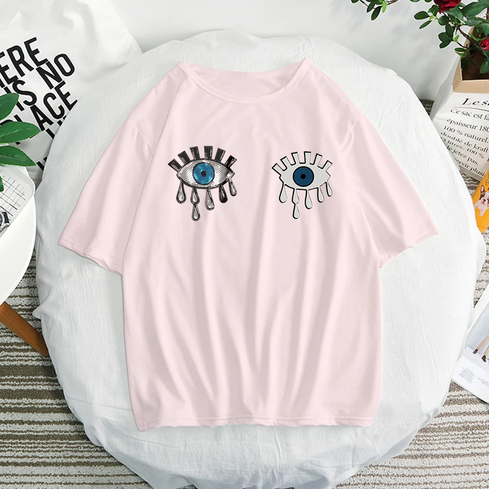 

2019 Evil eyes pink T Shirt Women white Cotton T-shirt Harajuku Top couple clothes Girlfriend Gift tshirt femme