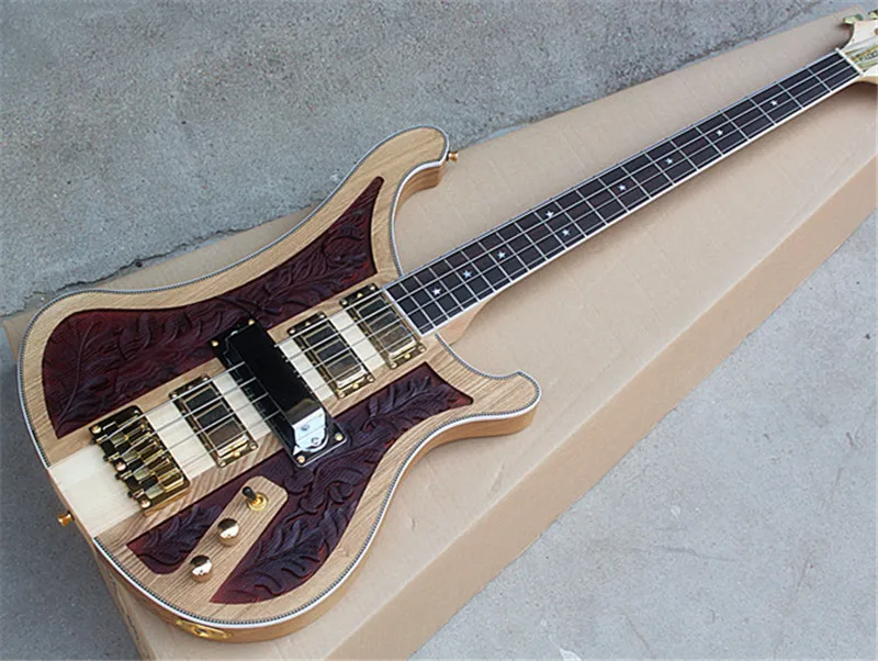 

Factory 4 Strings Electric Bass Guitar with Engraving Pattern,Golden Hardwares,White Binding,4 Pickups,can be customized
