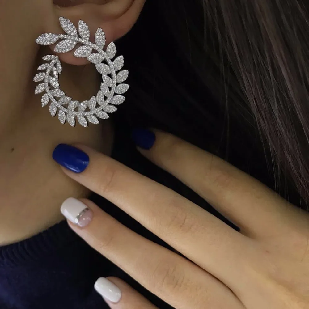 Brand new Great Design AAA Cubic Zirconia Olive Branch Shaped Big Stud