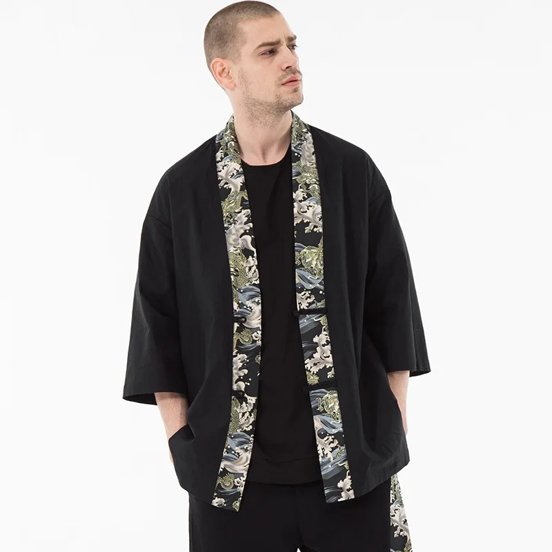 Японское кимоно кардиган для мужчин haori yukata мужской самурайский костюм одежда кимоно куртка мужская кимоно рубашка yukata haori KZ2020 - Цвет: 1