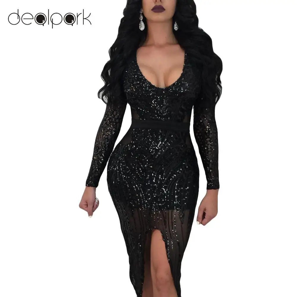 Sexy Glitter Dress Ladies Club Wear Women Sequined Bodycon Dress Sheer
