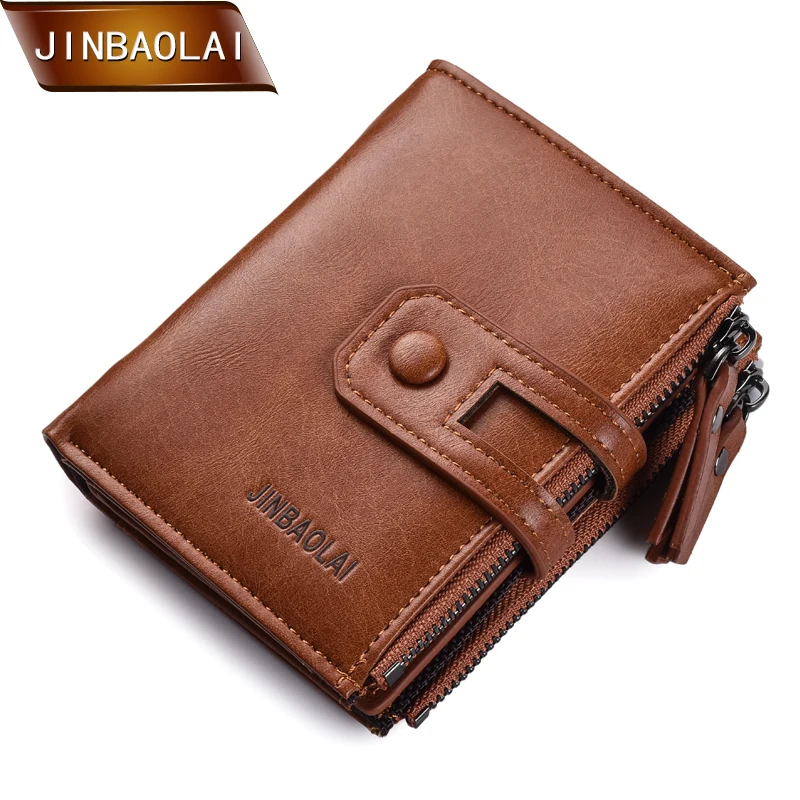 

JINBAOLA Man Short PU Leather Wallet Double Zipper&Hasp Design Men Wallet Male Card Holder with Coin Pocket Purse Carteira