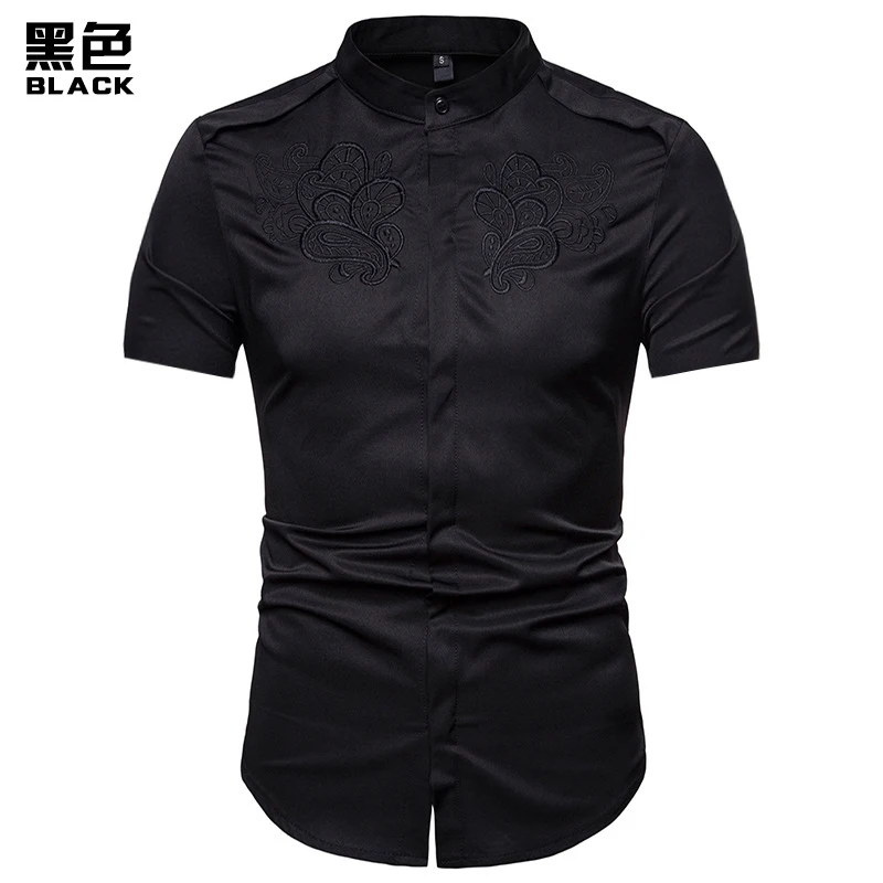 FFXZSJ Мужская рубашка вышитая рубашка с коротким рукавом slim fit Мужская Повседневная рубашка с вышивкой гавайская рубашка - Цвет: DA20-black