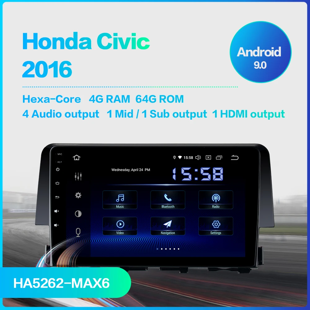 Cheap Dasaita 9" HDMI Car 1 Din Radio Android 9.0 for Honda Civic 2015 2016 Navigation GPS Stereo MAX6 DSP 64GB ROM 1