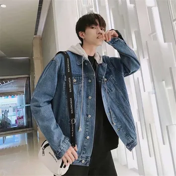 

Men's Denim Jacket 2019 New Fashion Hooded Coat Loose Handsome Wild Casual Tops Large Size Single-Breasted Denim Outwear JIA400